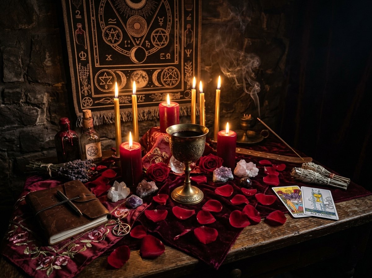 Altar sagrado con velas encendidas en la oscuridad y atmósfera mística