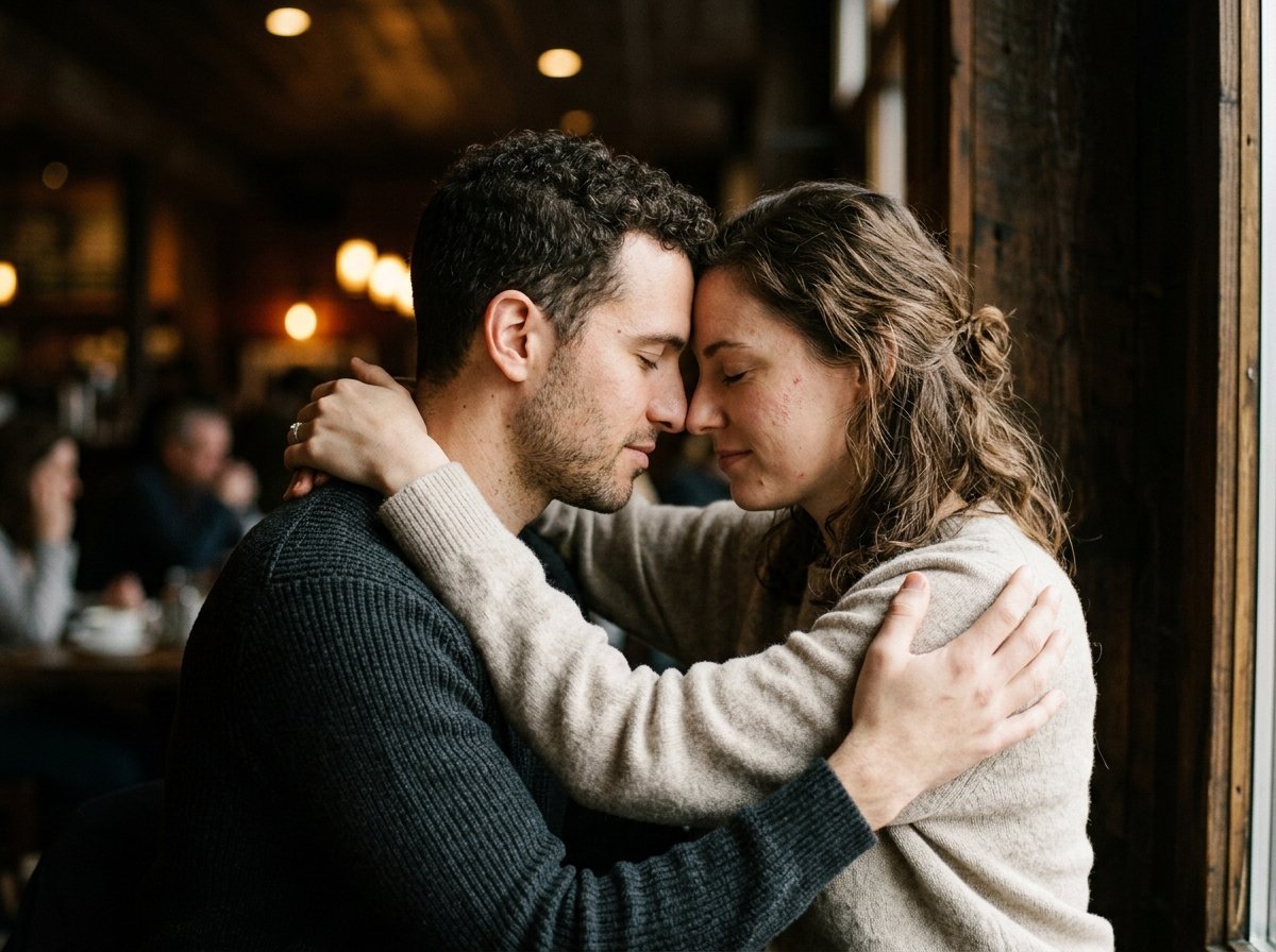 Pareja unida en íntimo abrazo frente a frente con ojos cerrados y profunda devoción