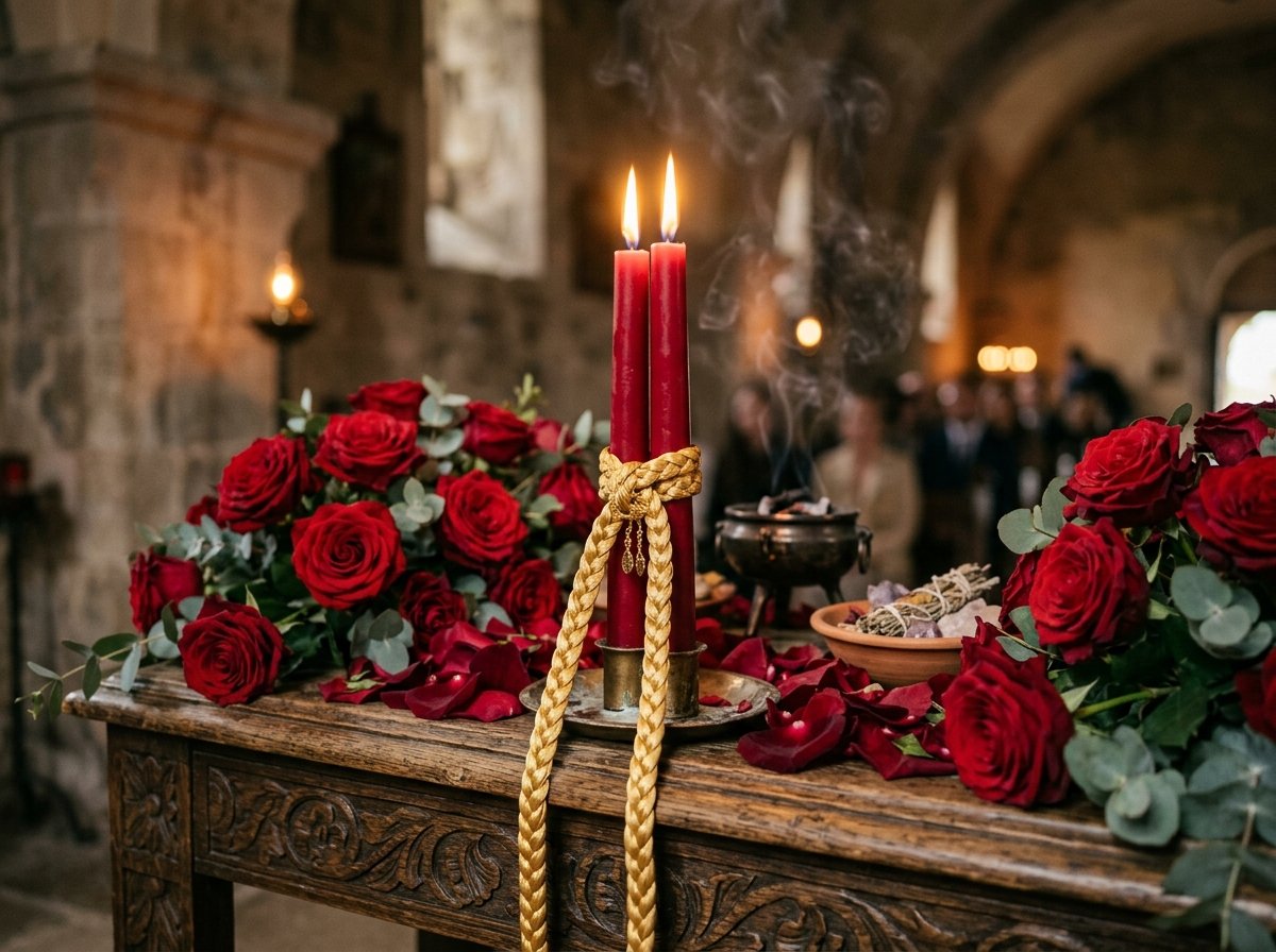 Dos velas rojas consagradas unidas por lazo dorado y rodeadas de rosas rojas en altar sagrado